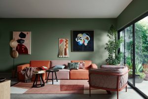 modern decorated lounge, walls painted in green walls