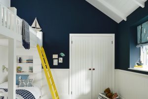 blue and white Bedroom with bunk beds